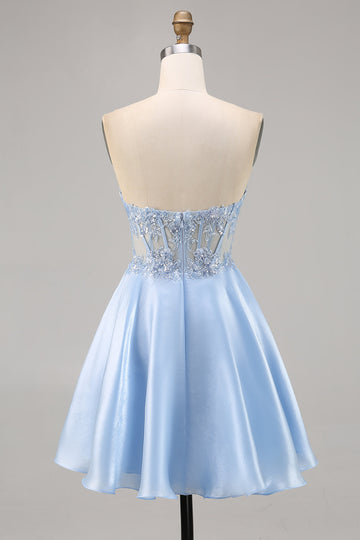Light Blue Strapless A Line Short Cocktail Dress with Sequins